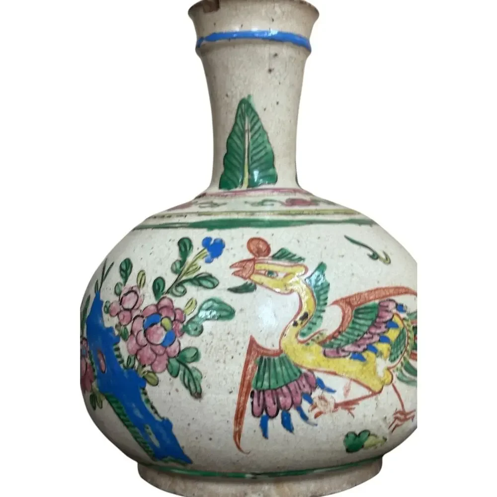 Chinese Phoenix Bottle Vase Crackle Glaze Famille Rose Style Floral Vtg Decor